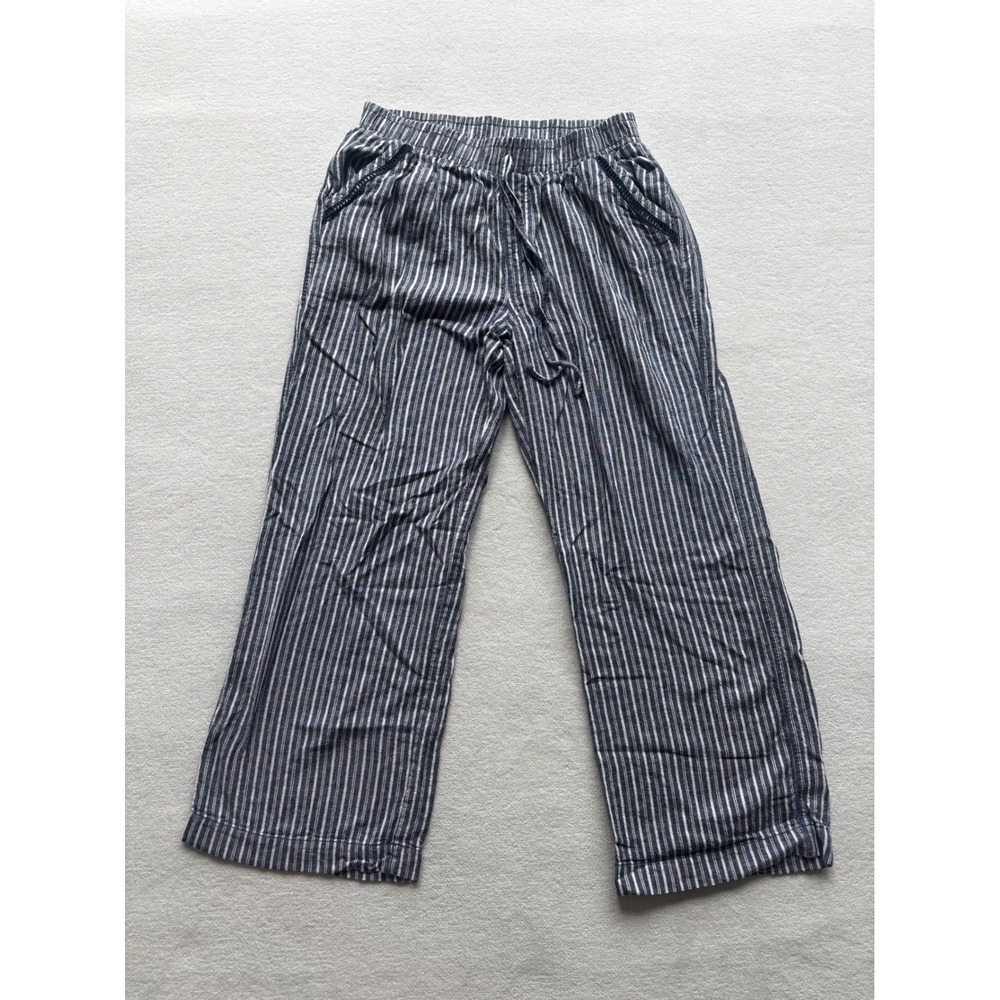 Briggs Linen Blend Striped Pants Womens Large Blue White Drawstring Wide Leg